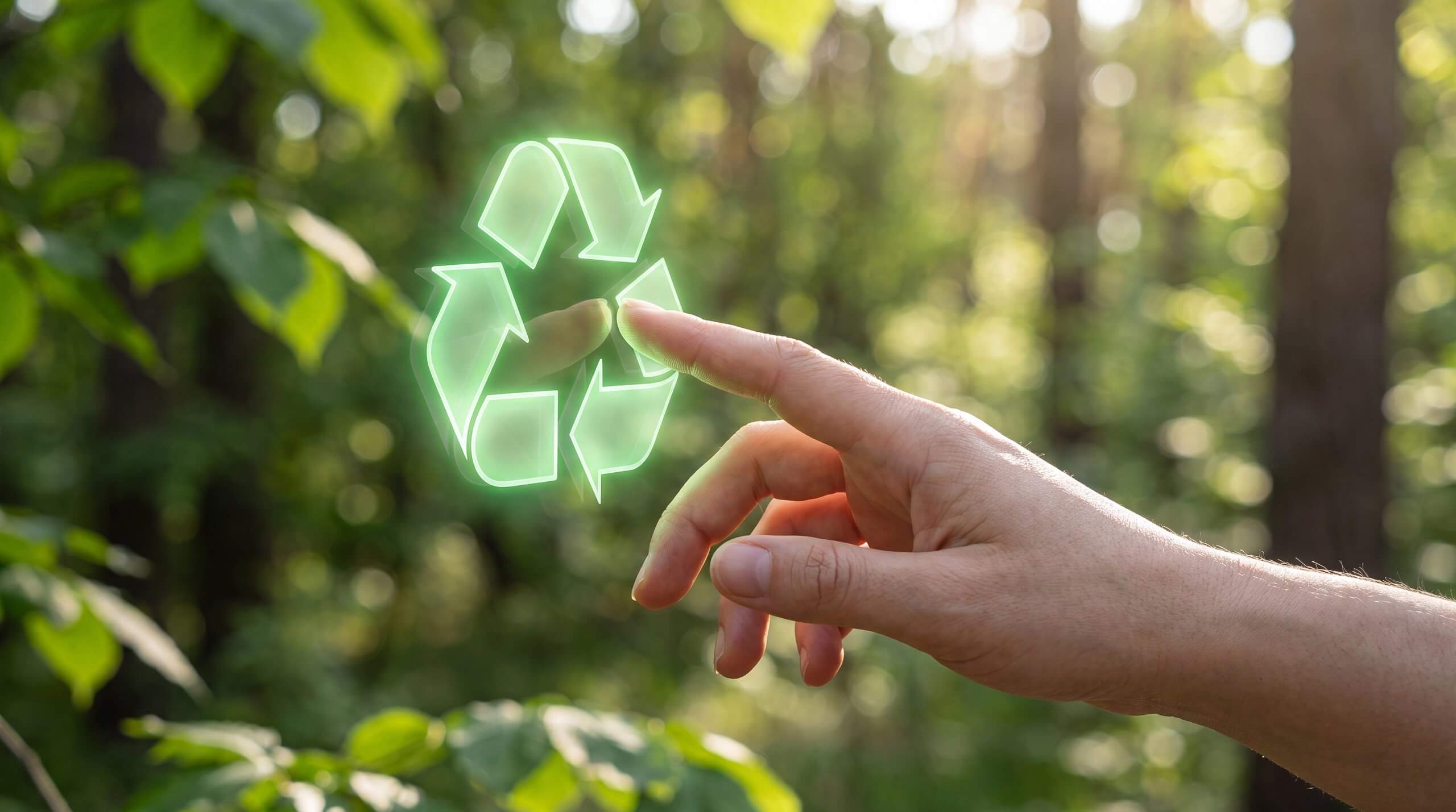 hand-touching-glowing-recycling-symbol-forest Stoffliche Verwertung und Recycling von Sonderabfällen
